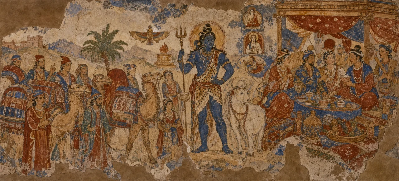 An ancient Sogdian wall painting depicting a blue-skinned, trident-bearing deity standing among camel caravans and merchants at a Central Asian oasis city, rendered in the flattened style of the Penjikent frescoes.
