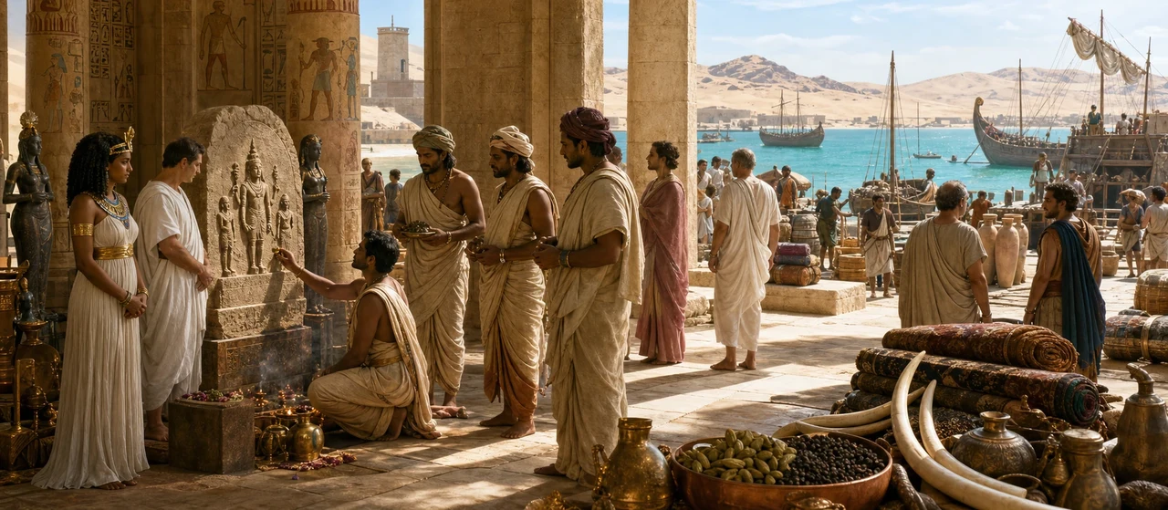 Indian and Egyptian merchants gather at a carved stone stele bearing Hindu imagery within a colonnaded sanctuary at the ancient Red Sea port of Berenike, sailing ships visible in the harbor beyond.