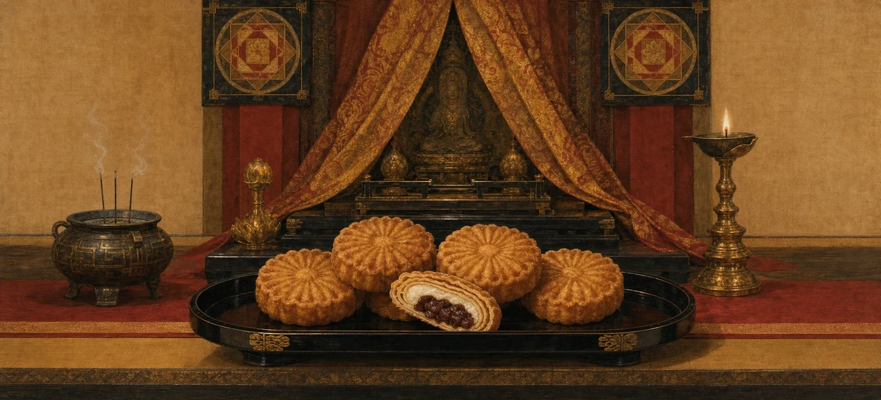 A plate of golden fried kangidan sweets, one sliced open to reveal its red bean filling, arranged before a curtained shrine to Kangiten with incense burning at its side.