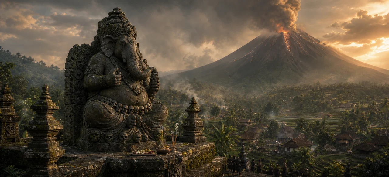 A weathered stone Ganesha statue adorned with skull motifs sits on a hillside shrine as an active volcano erupts with smoke and lava in the distance beyond a Balinese village.