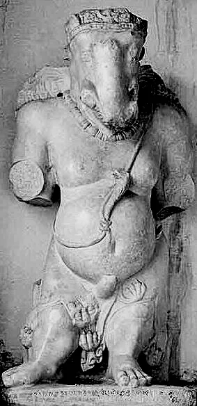 The ancient marble statue known as the Gardez Ganesha, showing an elephant-headed figure in a dynamic warrior pose.