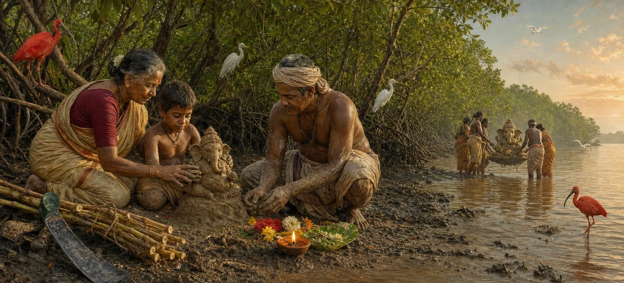 A family shapes a small clay Ganesha image on the muddy banks of the Caroni Swamp, Trinidad, mangrove roots and wading birds around them as others carry a finished idol toward the water in the background.