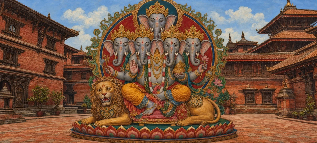 A five-headed Heramba Ganapati statue seated upon a roaring lion mount, richly crowned and ornamented, framed by the brick temple courtyards of Patan, Nepal.