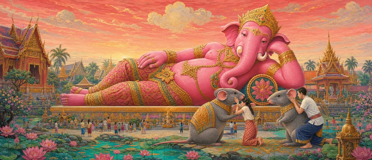 A colossal bright-pink reclining Ganesha statue rests amid golden temple spires at sunset, two giant rat companions beside him receiving whispered wishes from devotees.