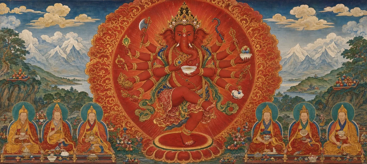 The dancing, twelve-armed Rakta Ganapati, rendered entirely in red and gold within a ring of flames, flanked by rows of seated lamas, snow-capped mountains in the background.