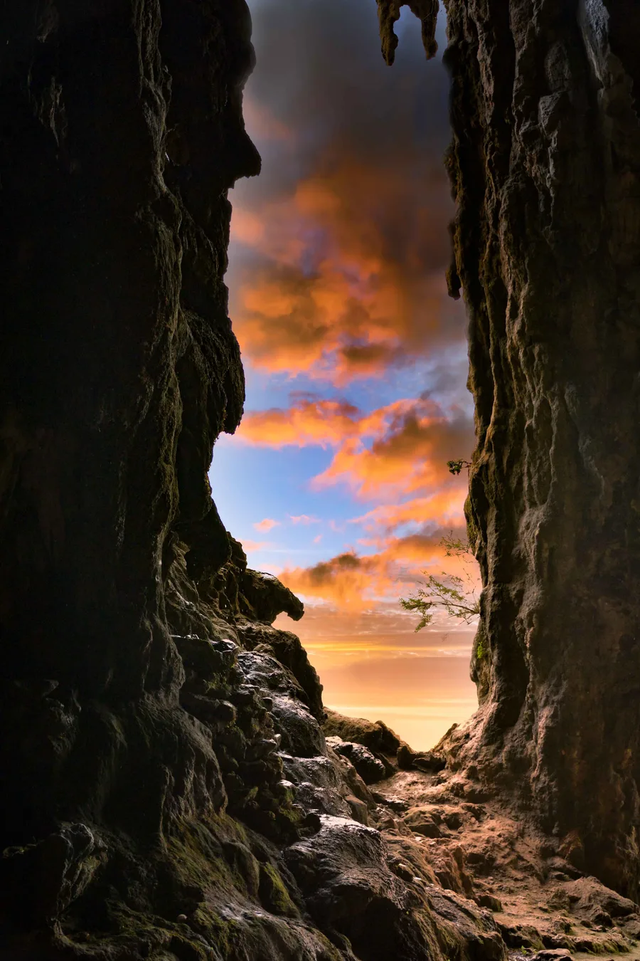 The rocky entrance of Hoq Cave on Socotra Island, framed against a sunset sky.