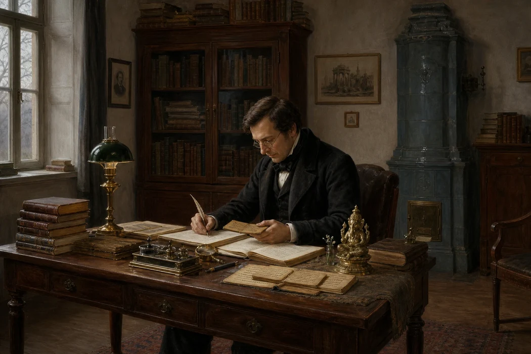 A nineteenth-century European scholar at his writing desk, quill in hand among open Sanskrit manuscripts and books, a small brass Ganesha statue standing beside his inkwell in the lamplit study.