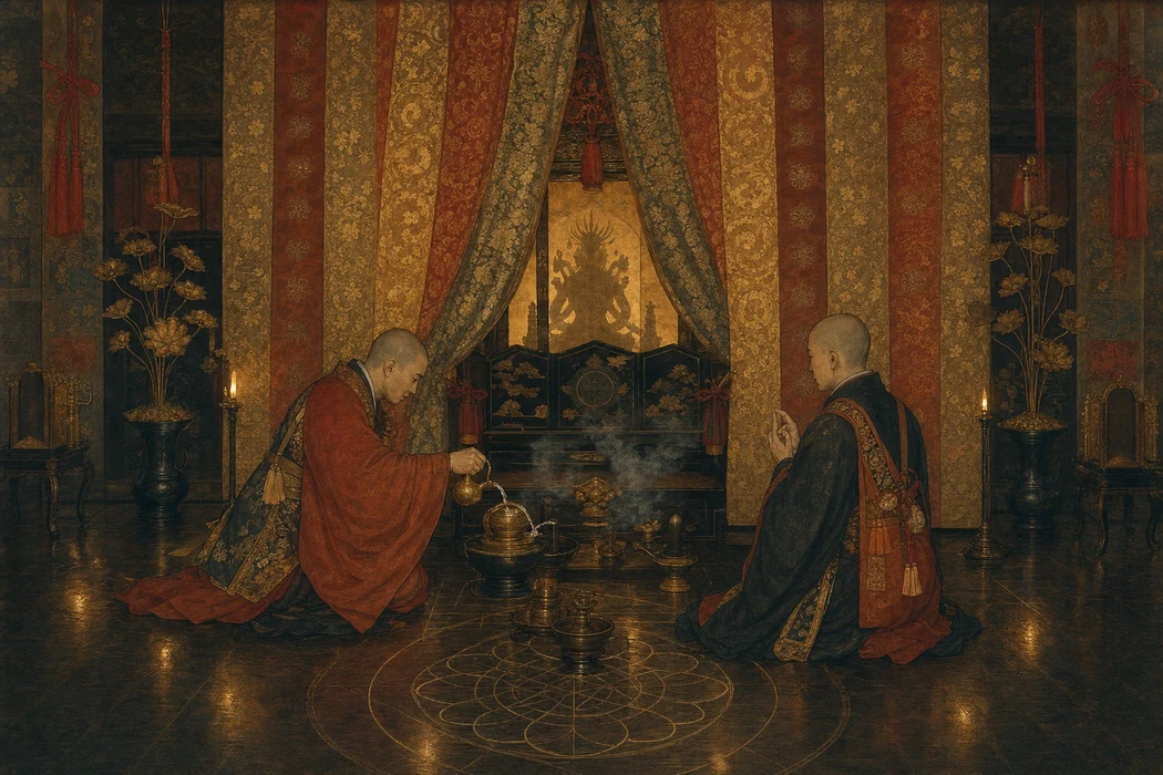 Two Shingon Buddhist monks kneel facing each other before a curtained inner shrine, one pouring oil from a ritual vessel as incense smoke rises within a glowing circular diagram on the floor between them.