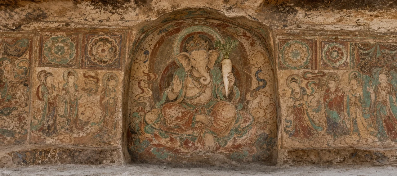An early Chinese Buddhist cave-temple mural depicting an elephant-headed deity holding a radish in one raised hand, seated within a weathered stone niche flanked by attendant figures.