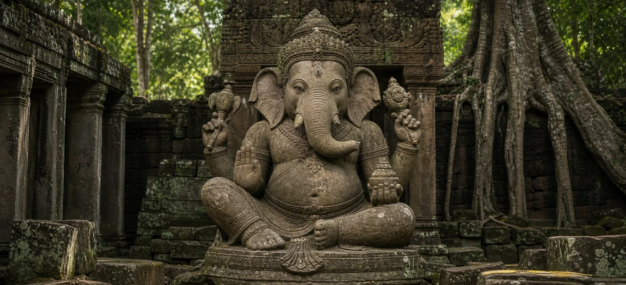 A moss-covered stone Ganesha statue bearing a third eye on its forehead sits amid the jungle ruins of an Angkor-era temple, tree roots winding around the surrounding stonework.
