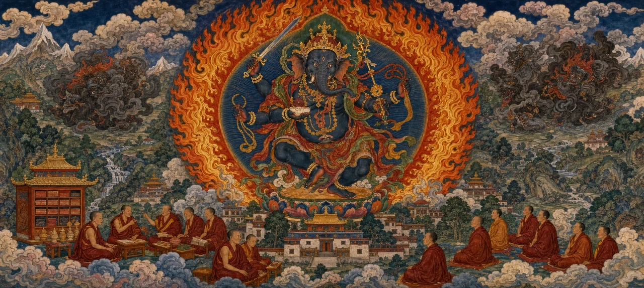 The dark blue, multi-armed Tsogs-bdag stands within a ring of fire above a Tibetan monastery, monks seated in study below, dark cloud-wreathed figures visible at the painting's edges.