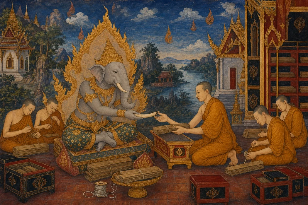 Elephant-headed Phra Phikanet, seated before a flame-shaped halo, hands his broken tusk to a kneeling monk who is transcribing palm-leaf manuscripts, other young monks binding scripture bundles nearby within a Thai temple complex.