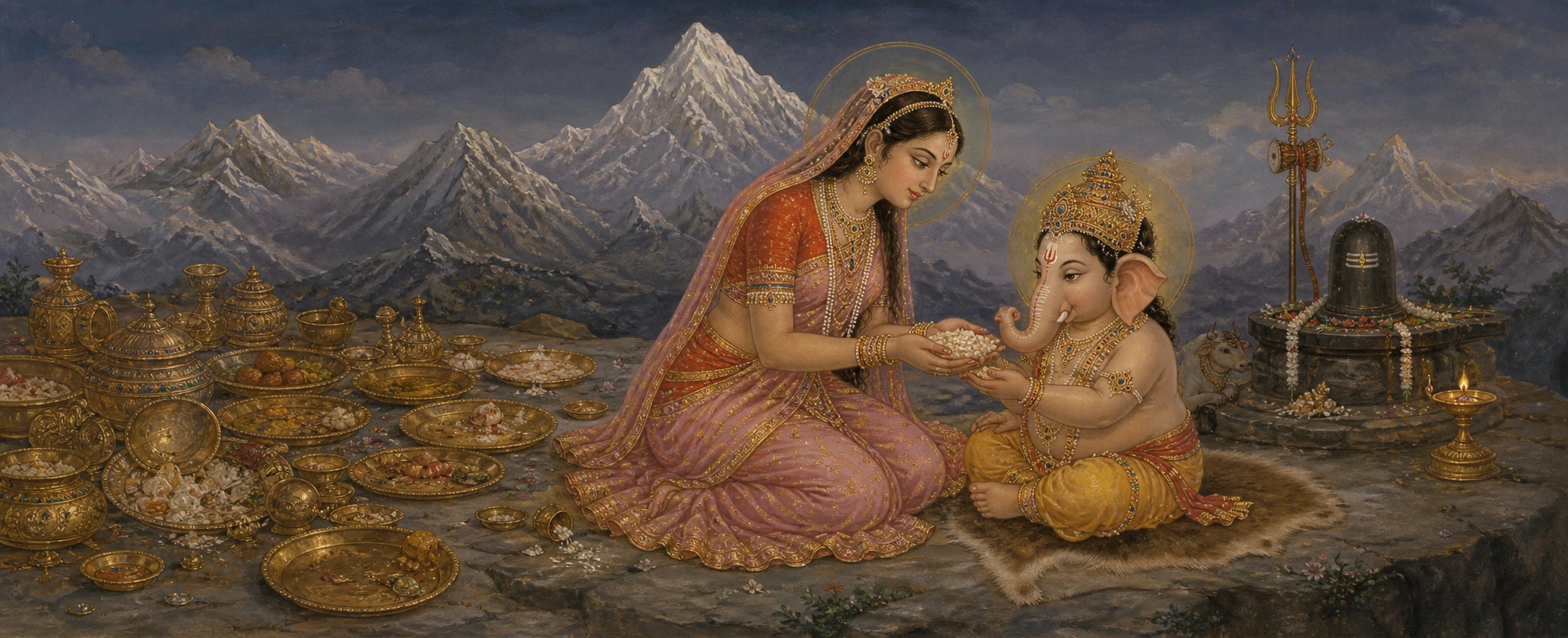 Parvati offering a handful of roasted rice to baby Ganesh on a Himalayan terrace, a garlanded Shiva lingam and Nandi visible nearby.