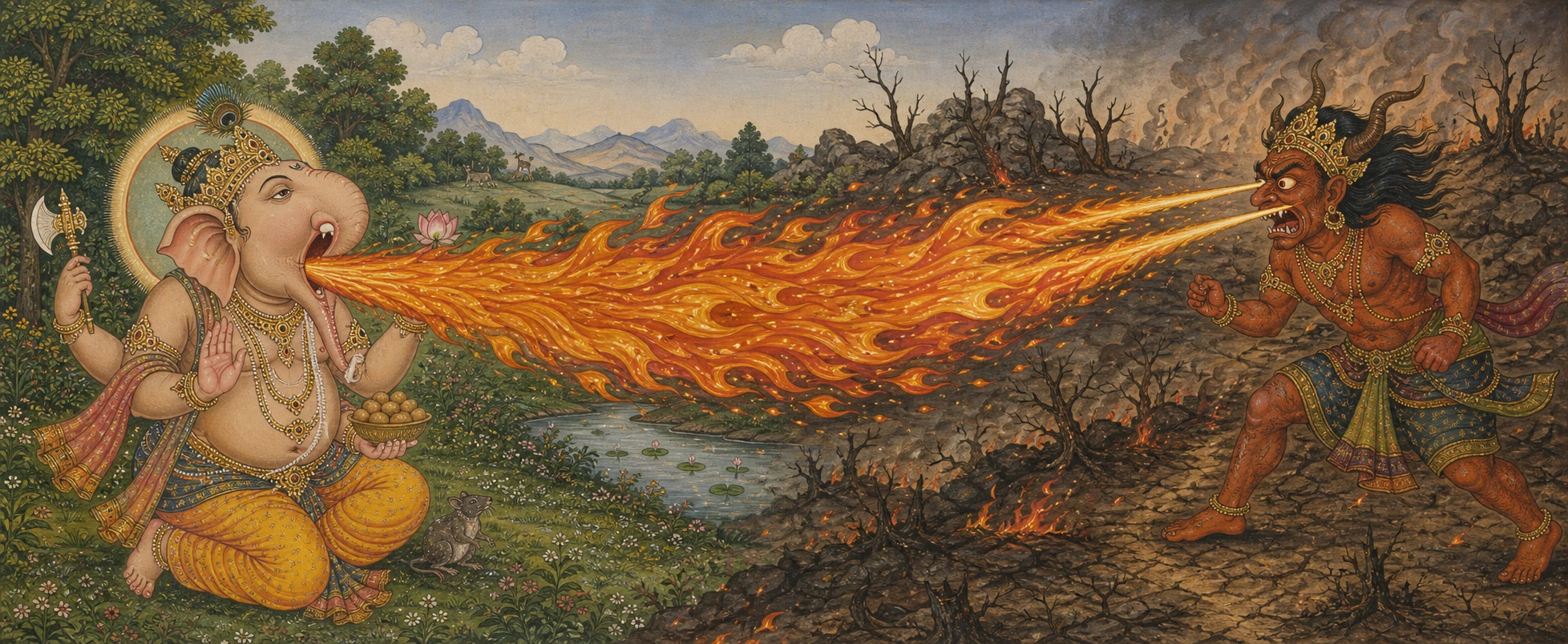 Ganesh drawing a great stream of fire from the horned demon Analasura into himself, the scorched landscape between them still smoldering.