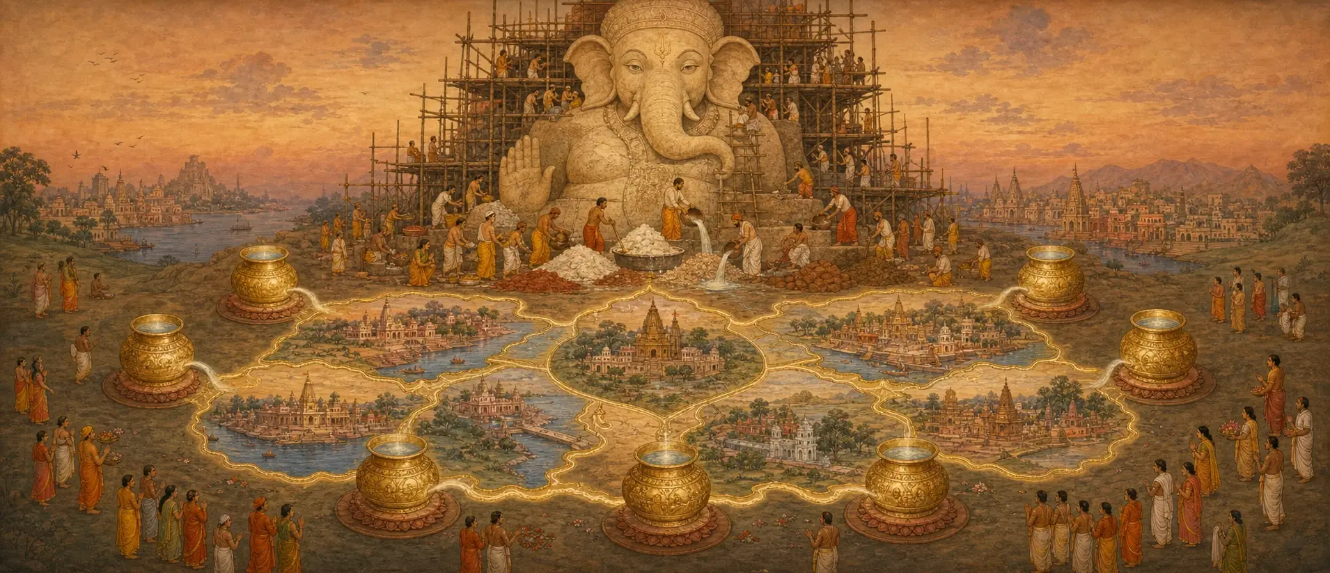 Artisans constructing a towering stone Ganesh idol on scaffolding, its base linked by glowing paths to seven golden pots holding sacred soil and water gathered from pilgrimage cities across India.