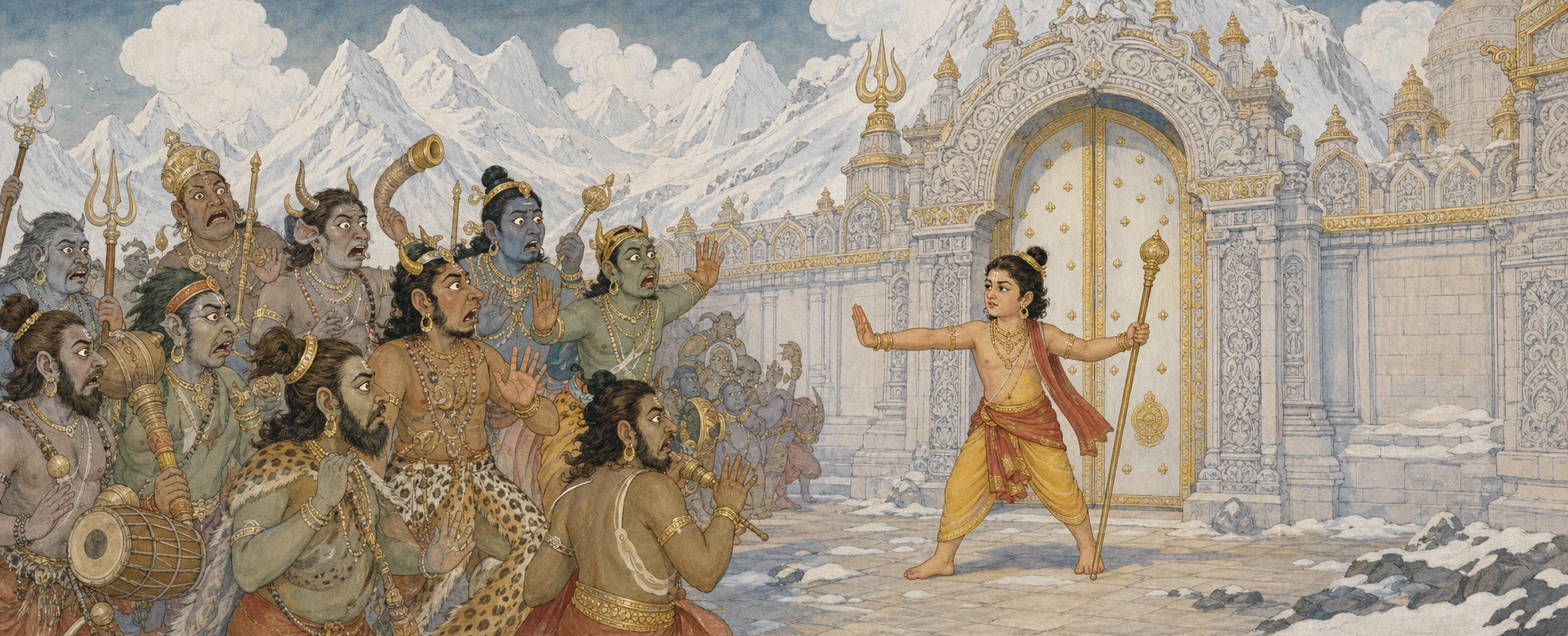 A young Ganesh standing alone with his staff, blocking Kailash's golden gate against a startled, retreating crowd of Shiva's Ganas.