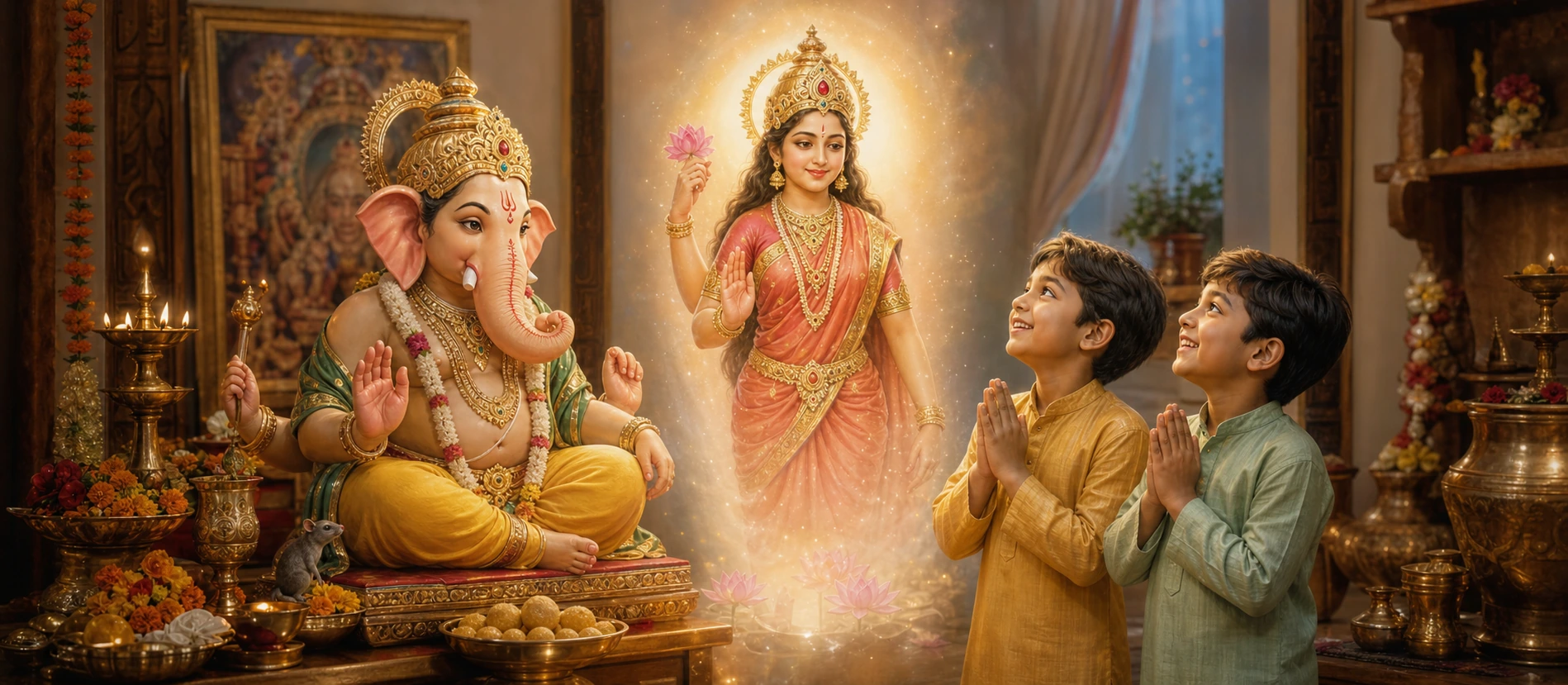 Ganesh seated at a home shrine as a radiant goddess appears before his two praying sons, a modern devotional household scene.