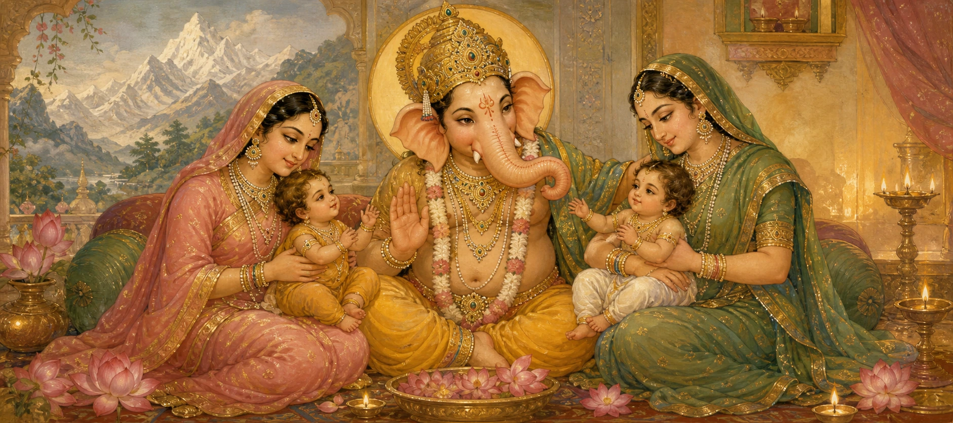 Ganesh seated between his wives, each cradling an infant son, in a warmly lit household scene with Himalayan peaks visible beyond.