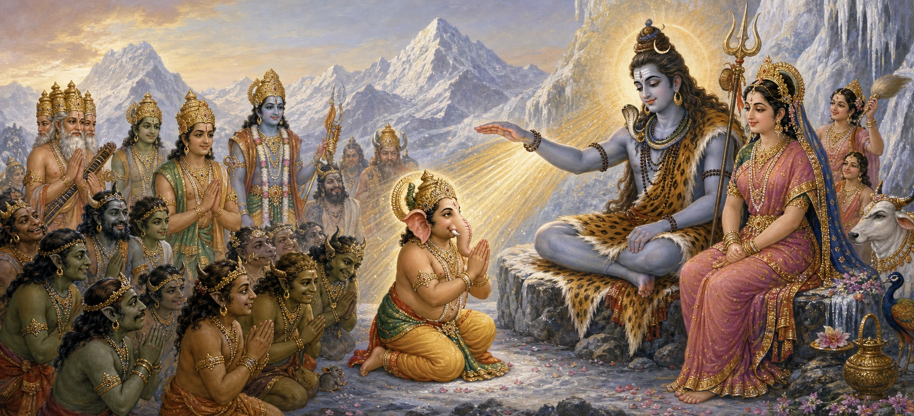 Ganesh kneeling before Shiva and Parvati as Shiva raises a radiant hand in blessing, sages and Ganas gathered in witness on a snowy mountainside.