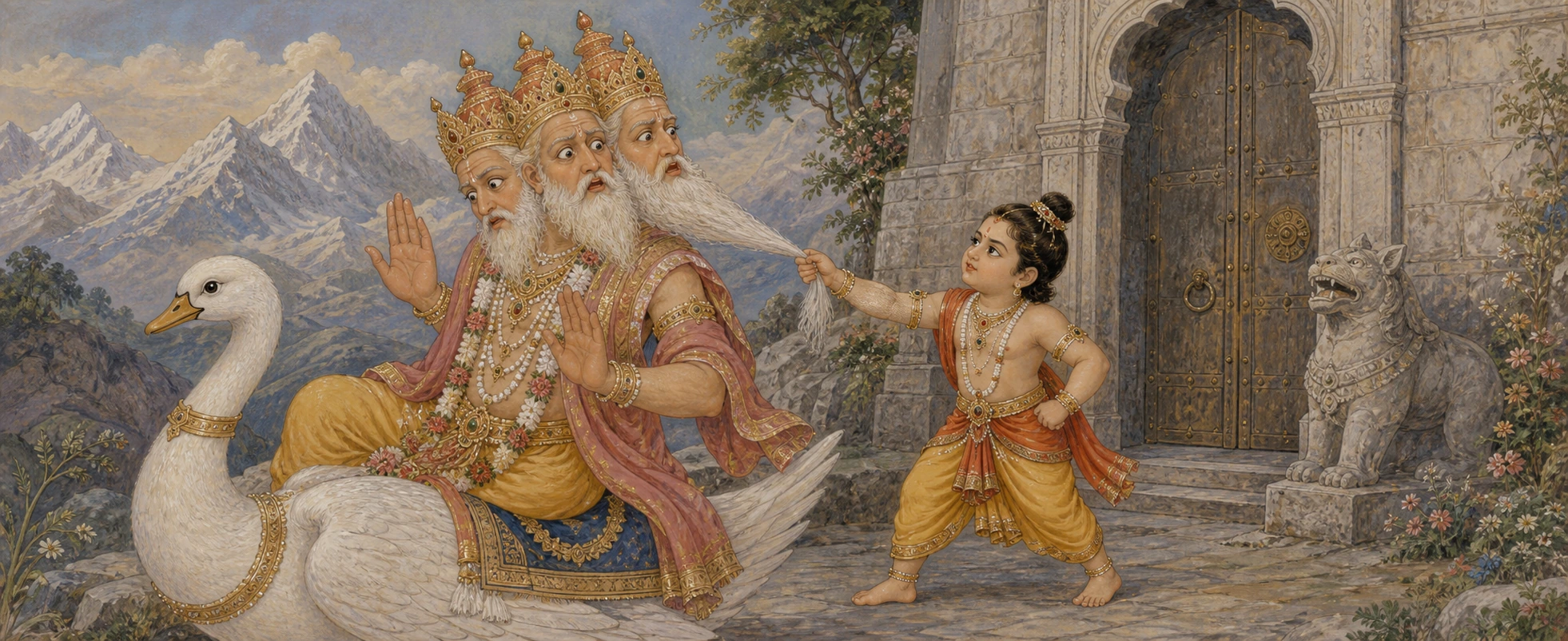 A young Ganesh gripping one of four-headed Brahma's beards, blocking Brahma and his swan mount from Kailash's gate.