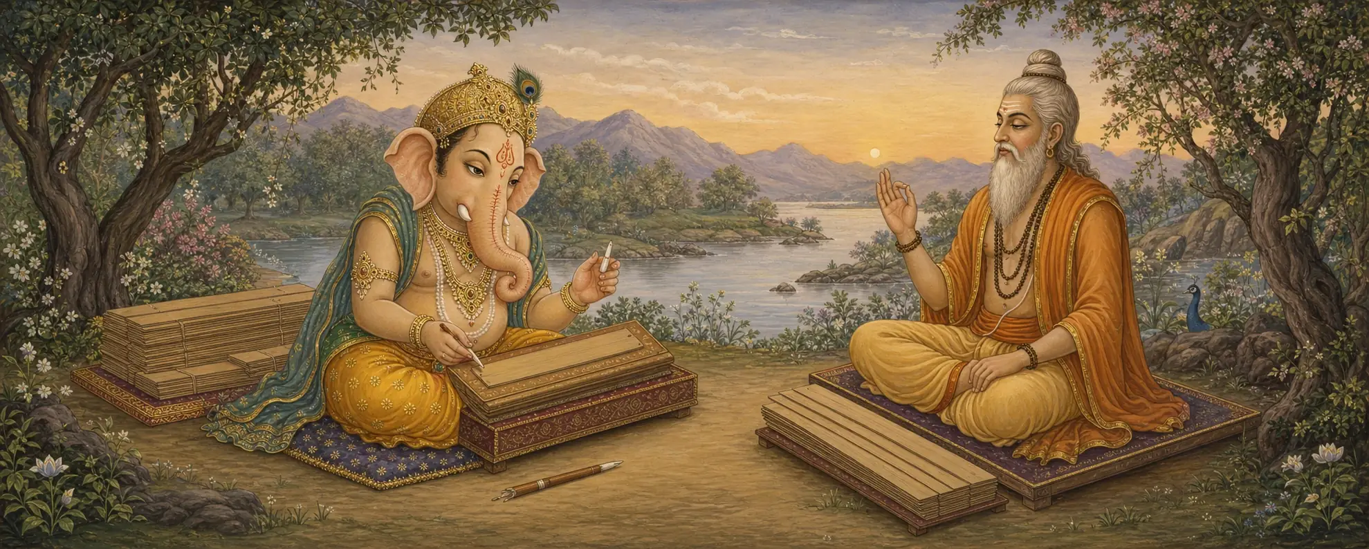 Ganesh writing with a stylus held in his trunk on a wooden tablet, sage Vyasa seated opposite mid-recitation, a stack of blank palm-leaf pages waiting beside them by the river.