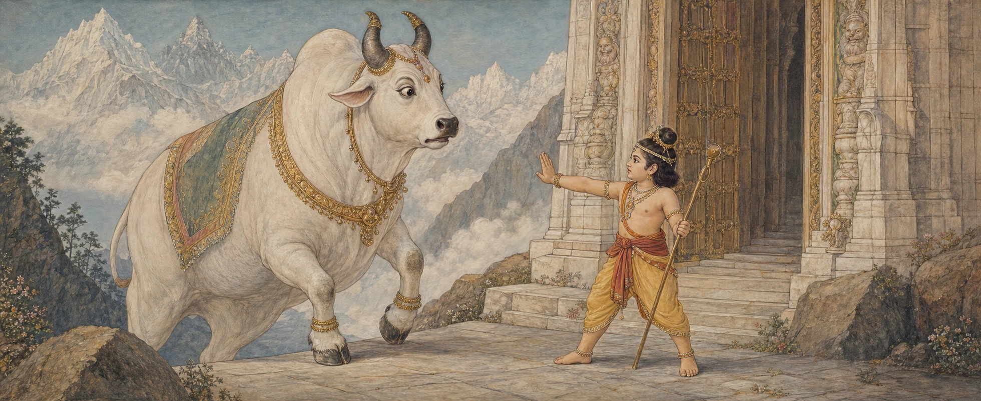 A young Ganesh with a staff, raising his hand to halt Nandi the bull before Kailash's ornate gate.