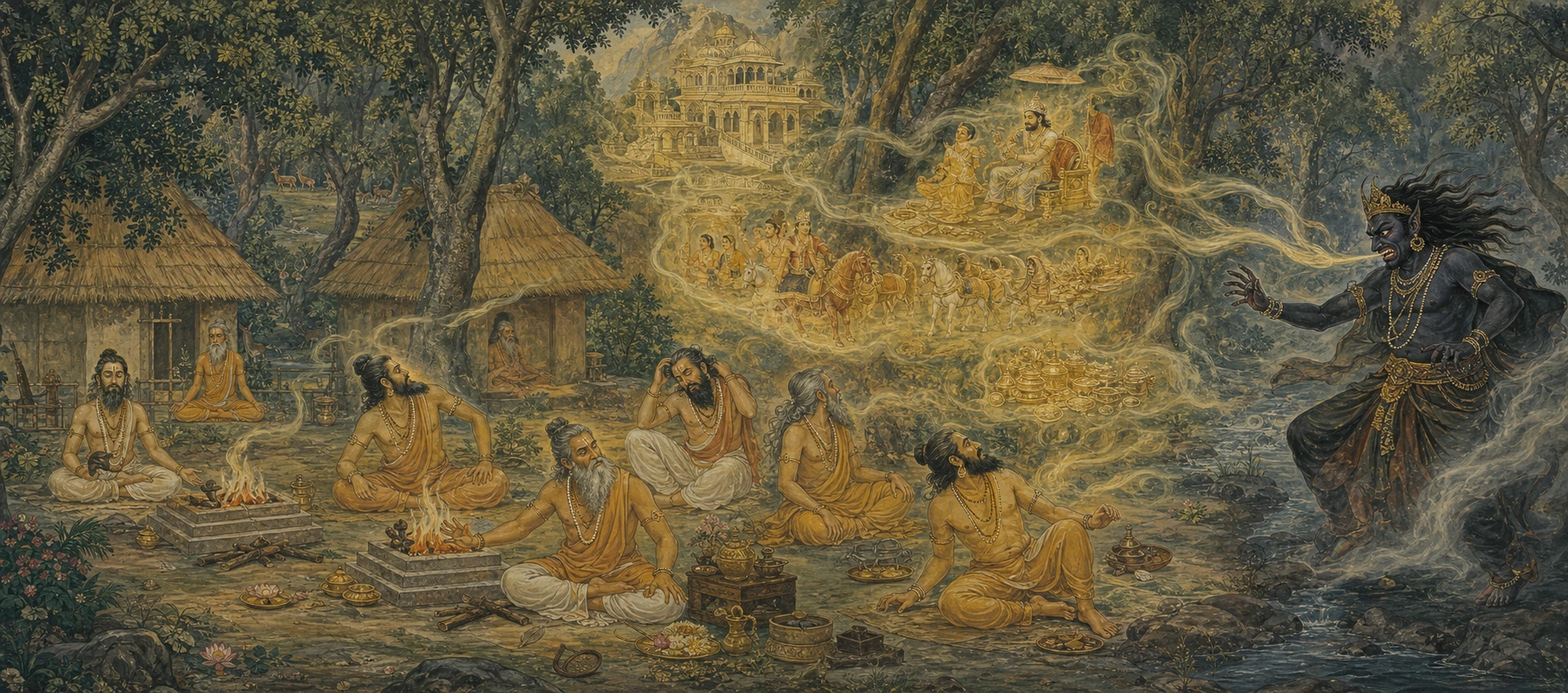 Meditating sages distracted by a shimmering illusion of royal wealth and processions, conjured by a dark demon watching from the riverbank.