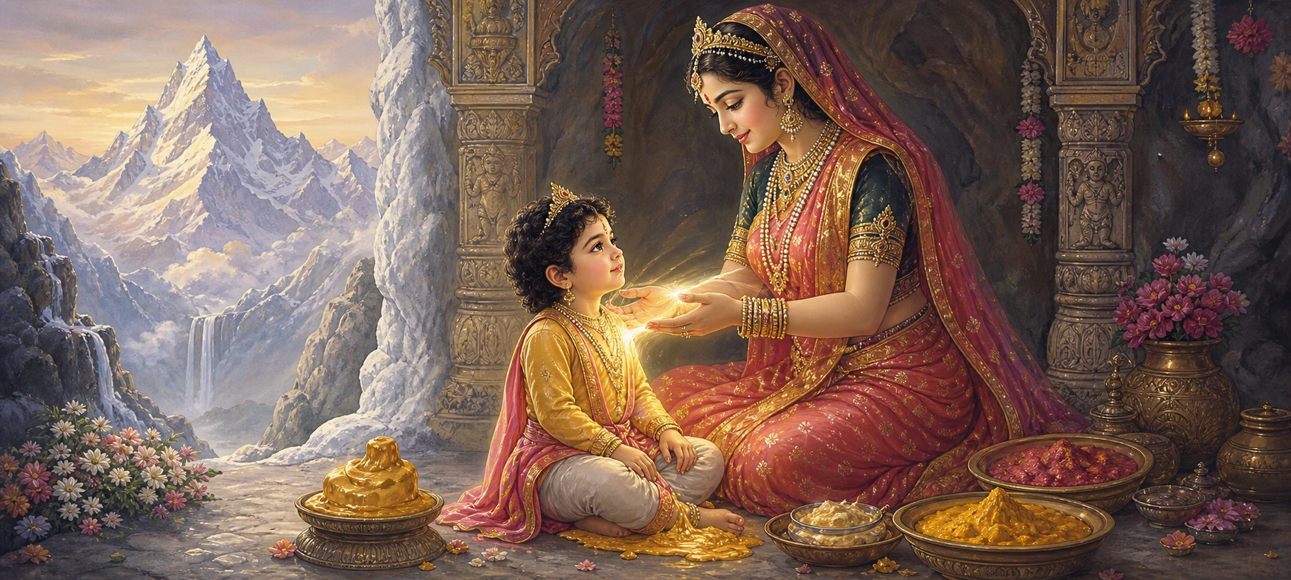 Parvati shaping a glowing boy from sandalwood paste in a mountain cave, bowls of turmeric and paste gathered around them.