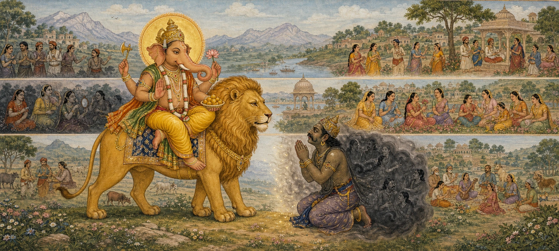 Vakratunda riding his lion mount past a village, the demon Matsarasura kneeling in submission within a fading cloud of smoke.