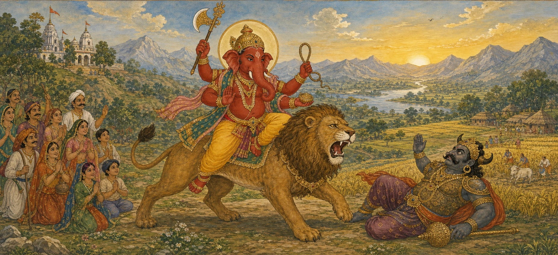 A red-hued Ganesh charging on his roaring lion mount at sunset, axe and noose raised, the demon Narantaka fallen before him.