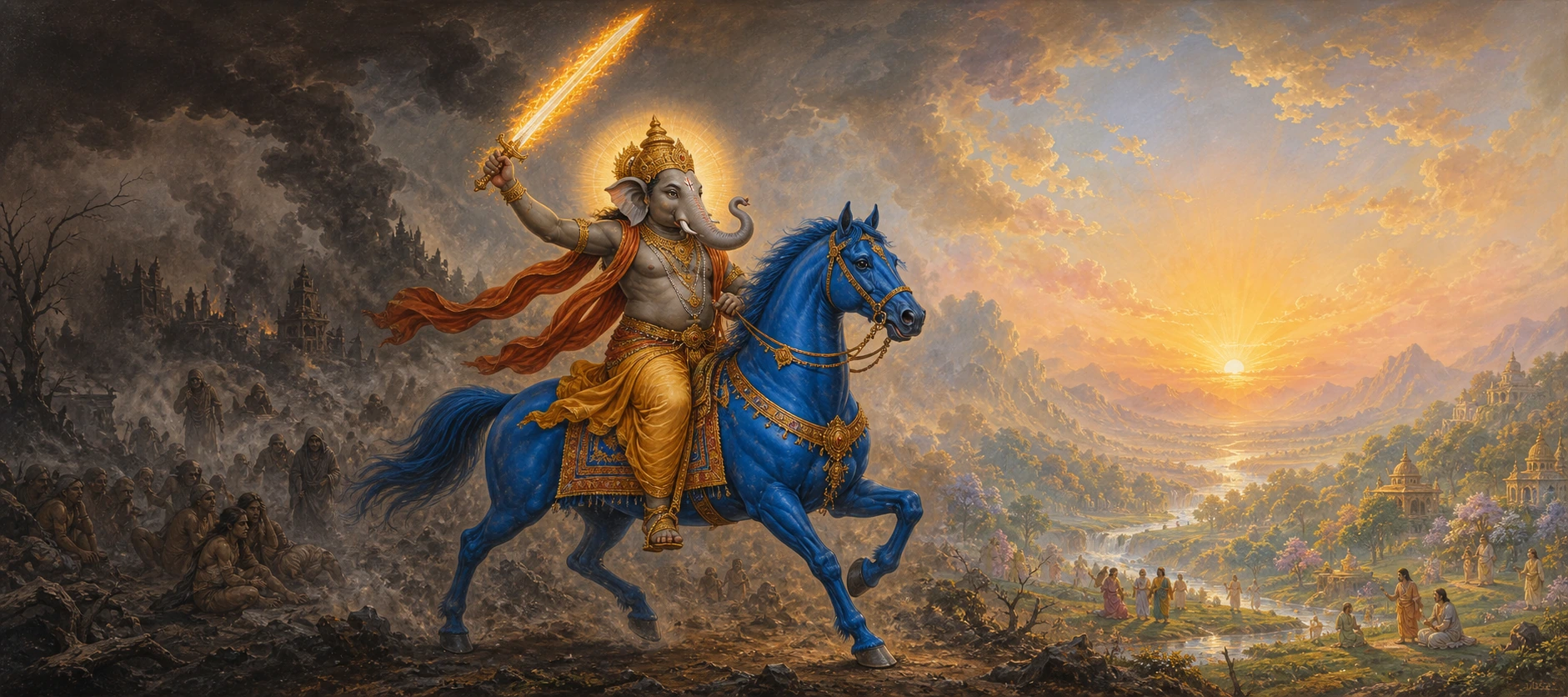A blue-skinned elephant-headed warrior on a blue horse, flaming sword raised, riding out of a dark smoky battlefield toward a sunlit valley.
