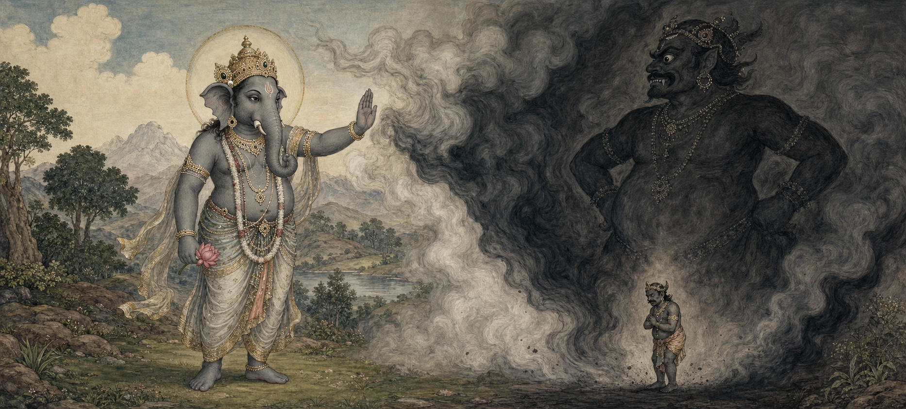 A smoke-hued Ganesh raising a hand toward a towering dark cloud from which a demon and a small kneeling figure emerge.