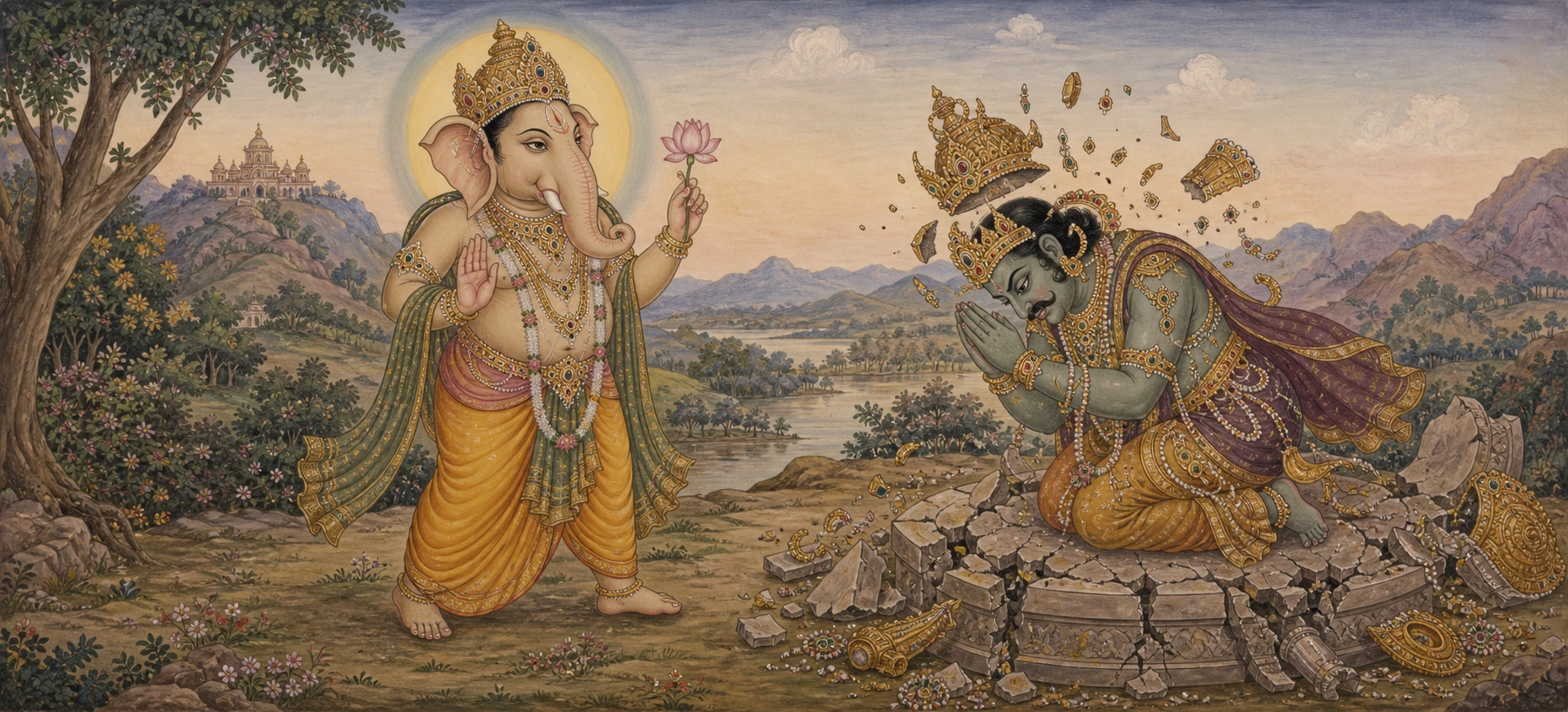 Single-tusked Ganesh holding a lotus, facing a humbled figure whose crown and jewels scatter apart in defeat before him.