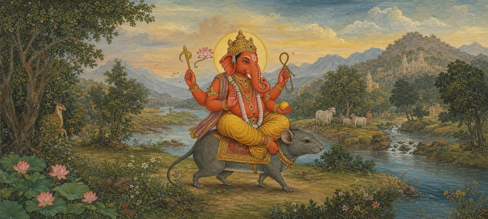 A four-armed Ganesh seated on his mouse vehicle, holding a goad, lotus, noose, and modak, moving through a lush river valley.