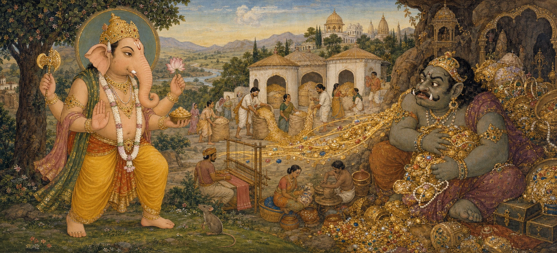 Ganesh standing before the demon Lobhasura, who directs a torrent of gold and jewels from his treasury while villagers labor nearby.