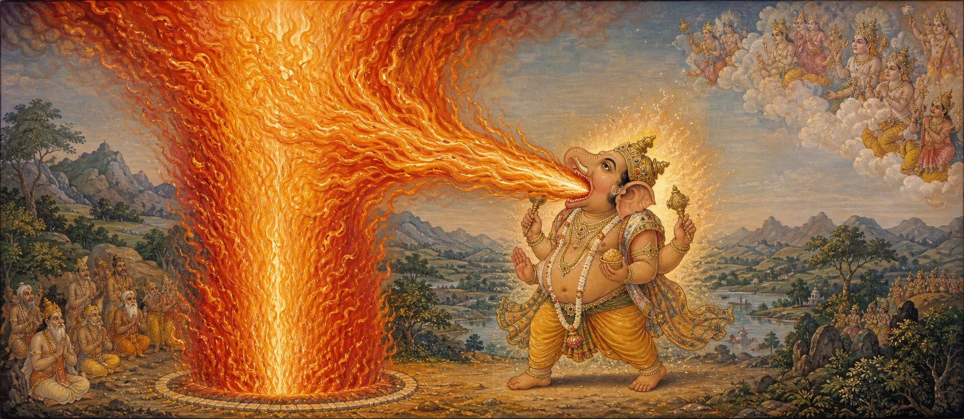 Ganesh drawing an enormous pillar of fire into himself above a ritual fire pit, sages praying below and gods watching from the clouds above.