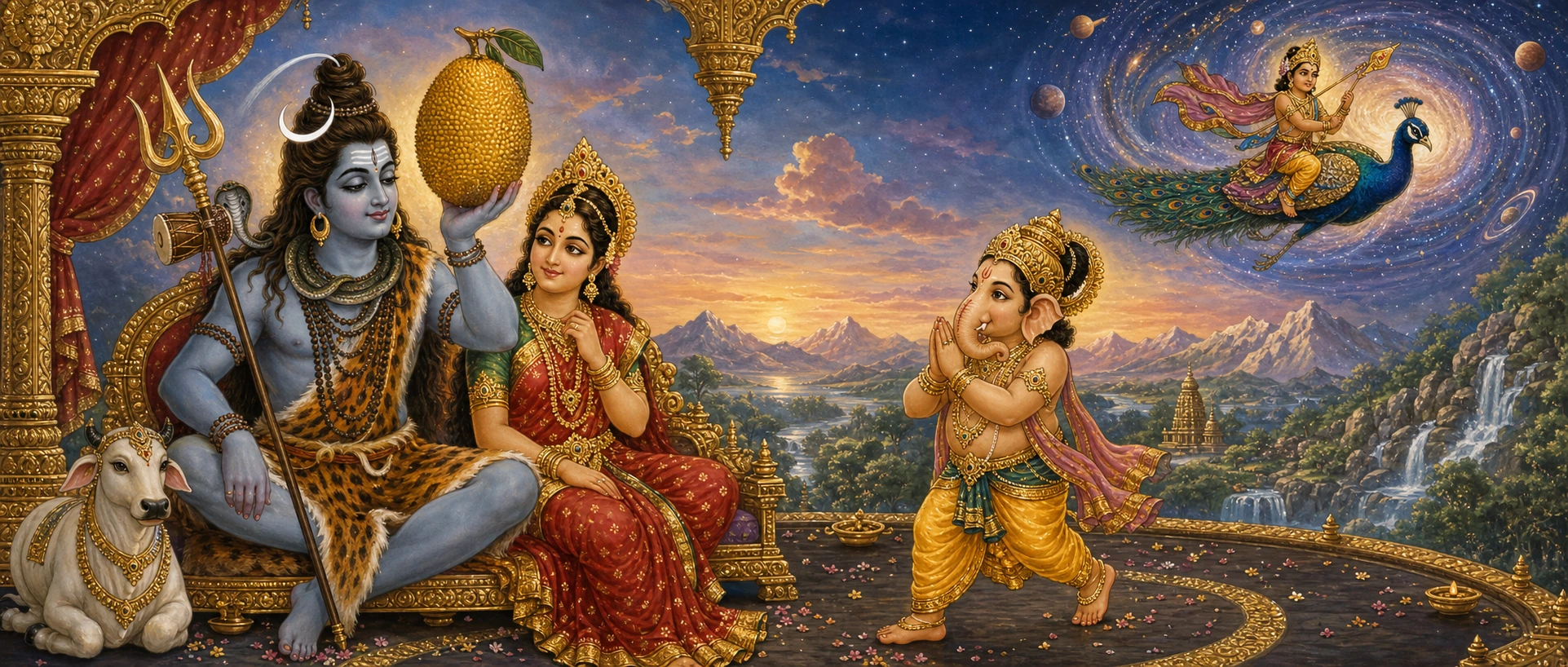 Shiva holding up a golden jackfruit before young Ganesh, while a vision of Kartikeya circling the cosmos on his peacock appears above.