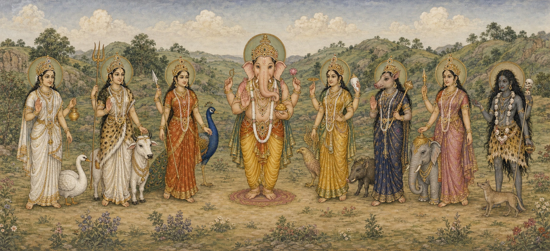 Ganesh standing at the center of the seven Matrika goddesses, each accompanied by her own vehicle animal, in a green hillside setting.