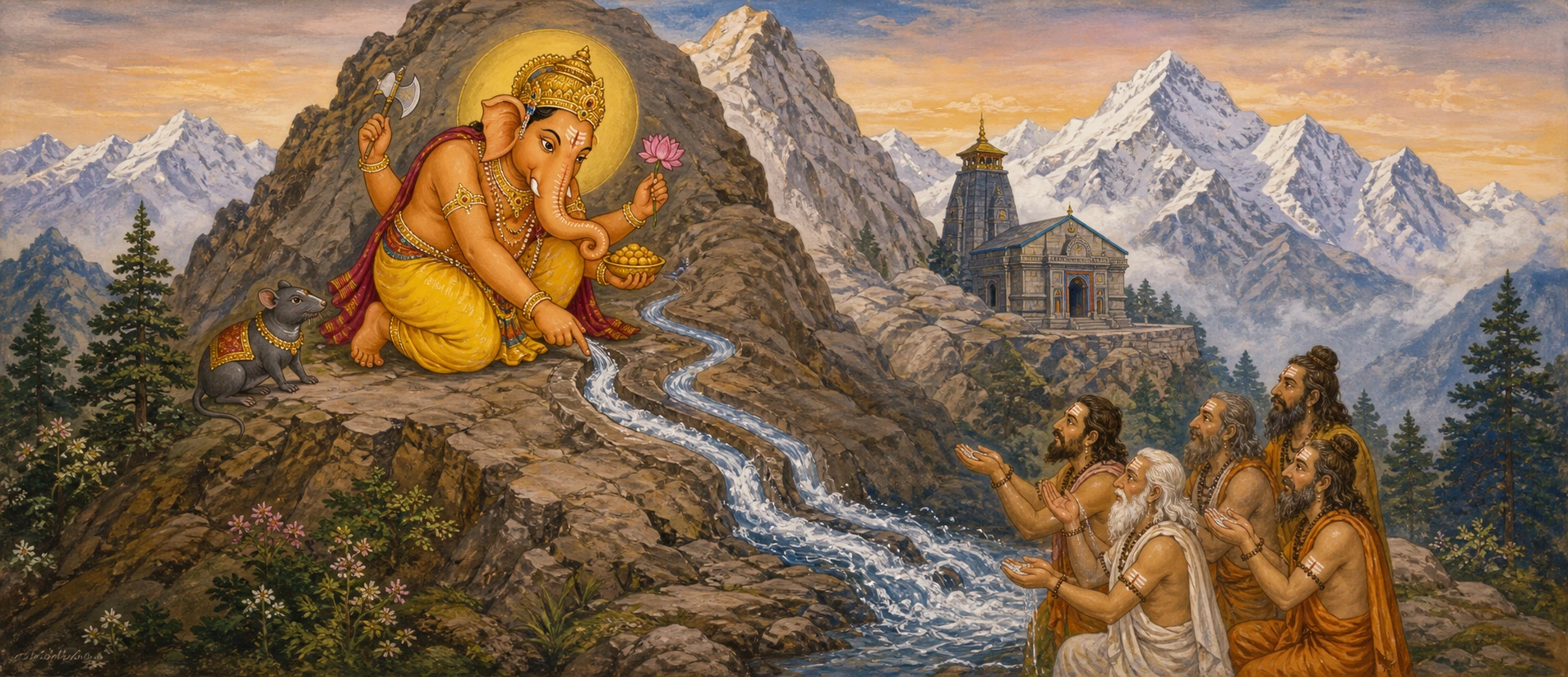 Ganesh seated on a mountain outcrop near his mouse, directing a stream of water down toward sages praying below, a Himalayan temple in the distance.