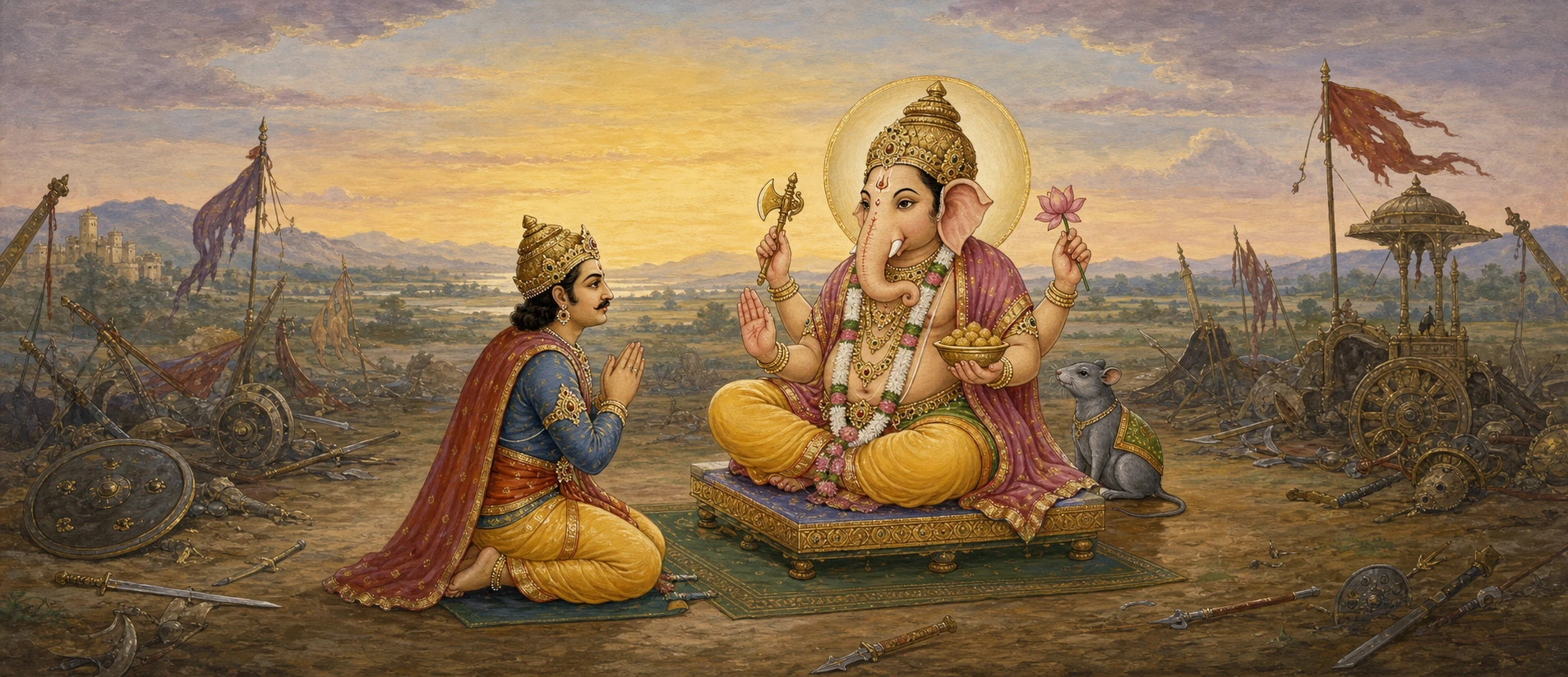 King Varenya kneeling in prayer before Ganesh, seated enthroned amid a battlefield strewn with discarded weapons at sunset.