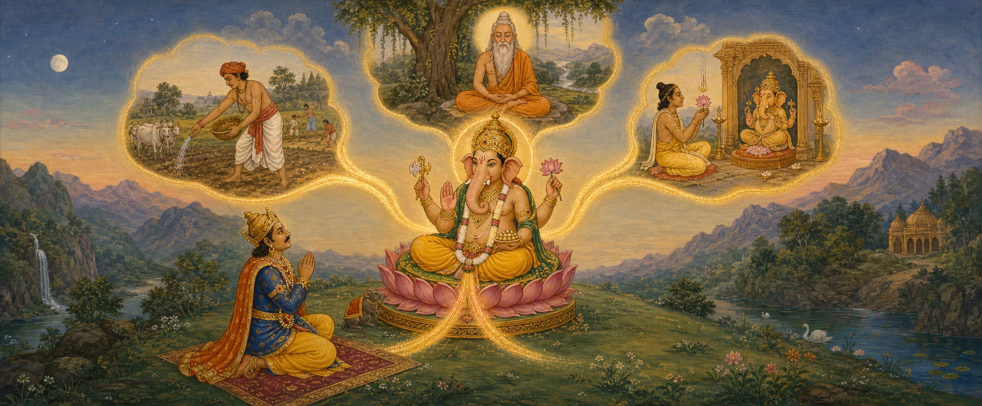 Ganesh seated on a lotus before a kneeling king, three glowing visions above showing a farmer, a meditating sage, and a temple worshipper.