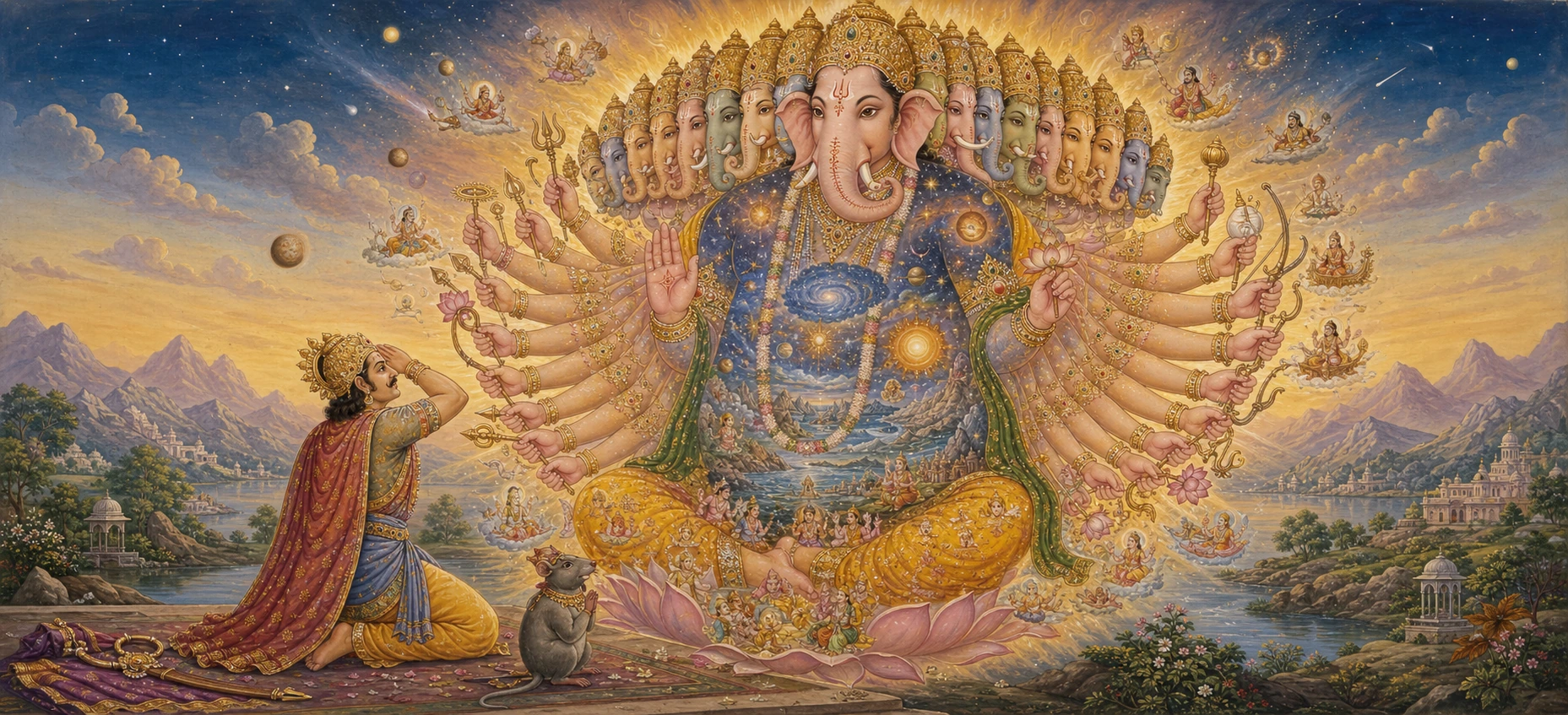 Gajanana revealing his cosmic universal form, many-headed and star-filled, to a kneeling King Varenya shielding his eyes in awe.