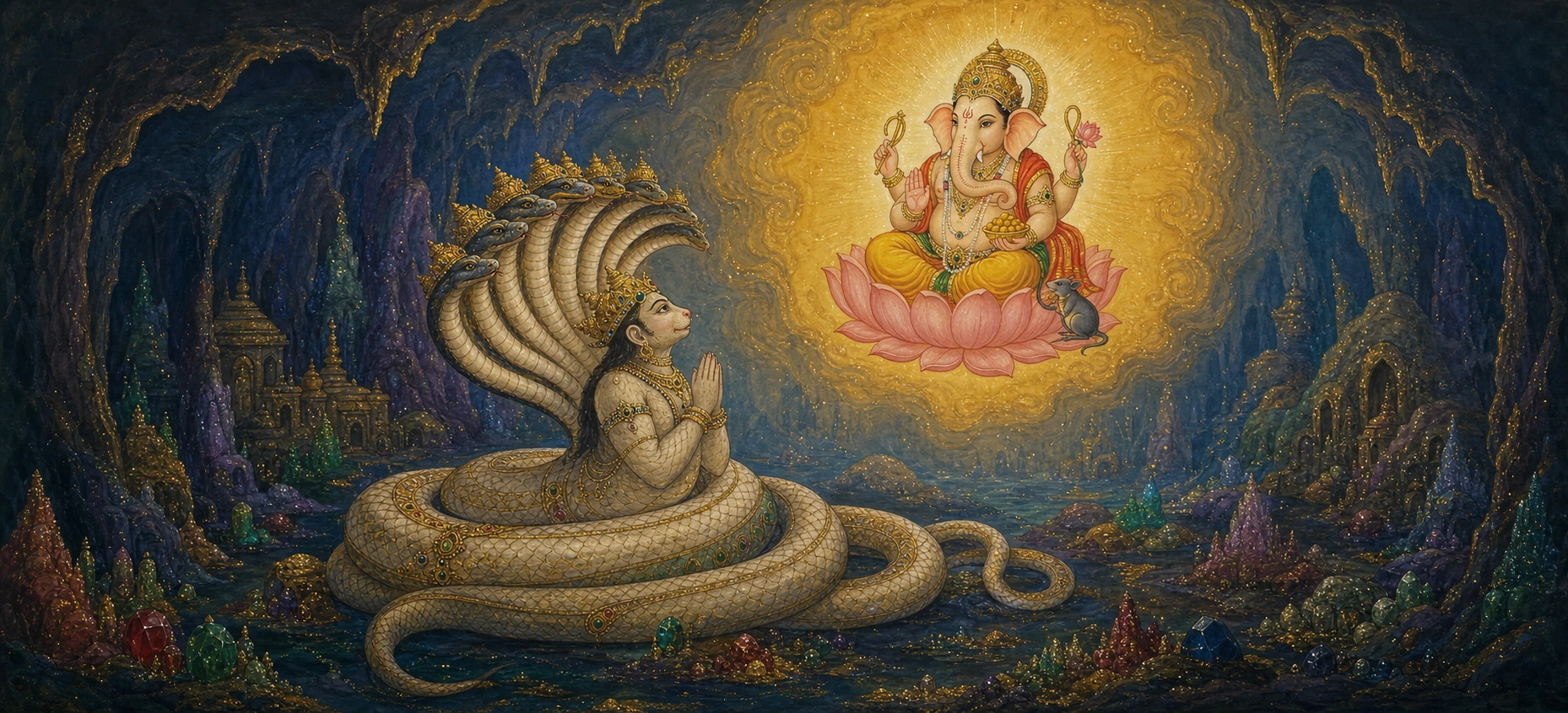 A many-headed serpent king praying in a jewel-filled underworld cavern before a radiant vision of Ganesh seated on a lotus.