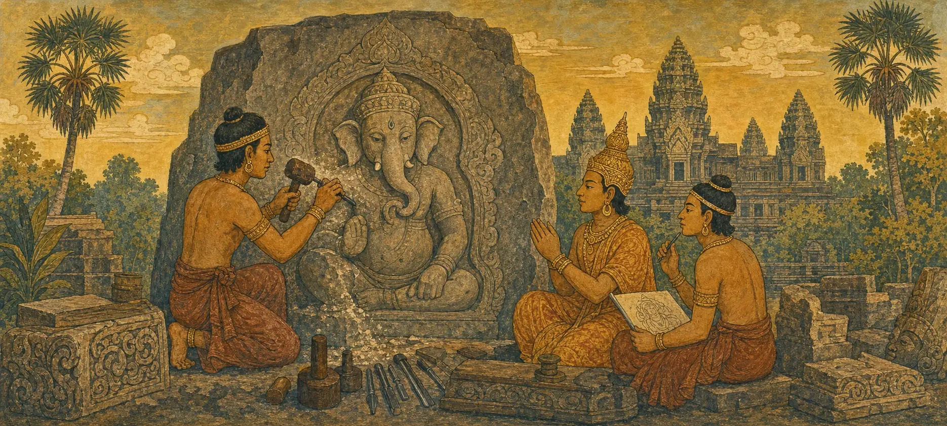 A Khmer stone carver chiseling a relief of Ganesha into sandstone as companions look on, with Angkor-era temple towers rising among palm trees behind them.