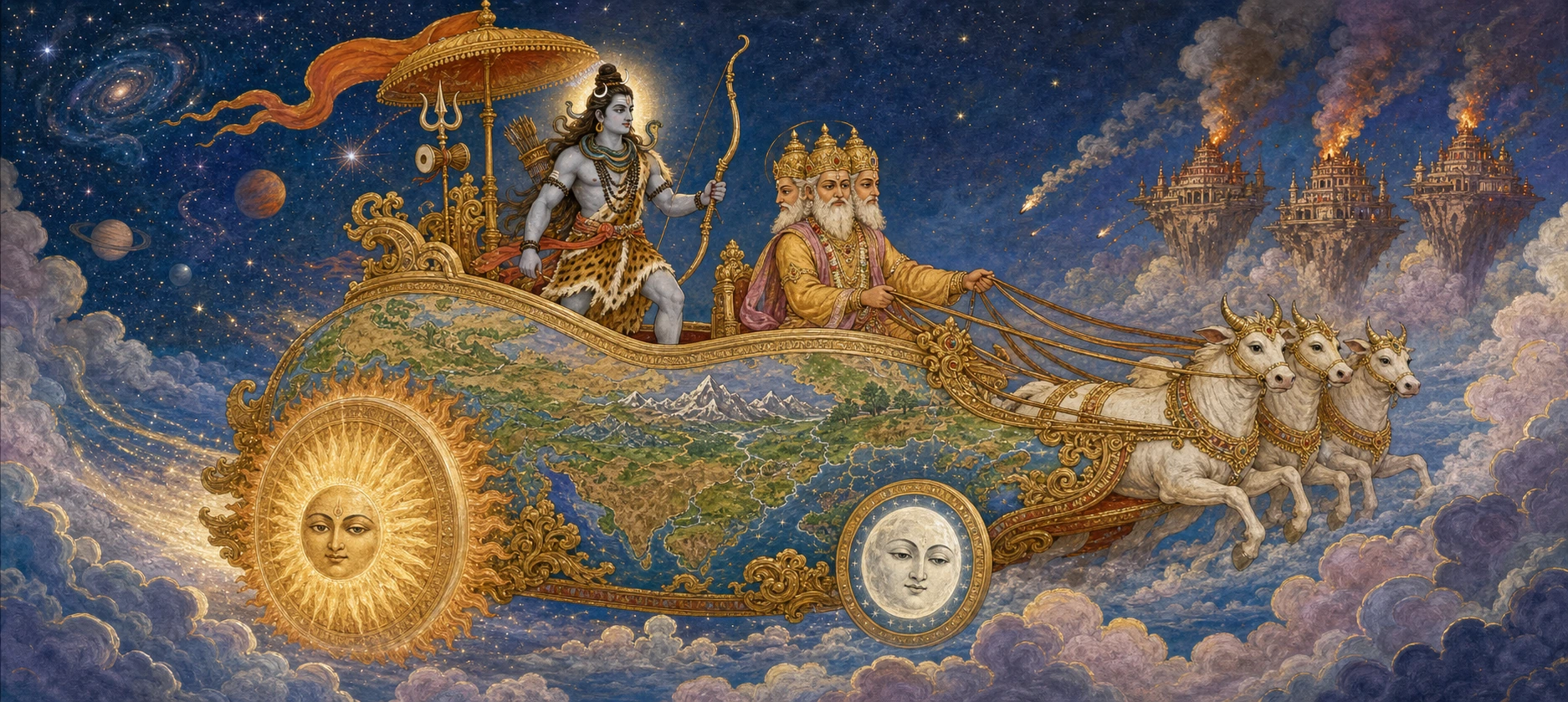 Shiva standing with bow drawn on a cosmic chariot with sun and moon wheels, a crowned, multi-headed charioteer at the reins, racing toward the burning triple city.