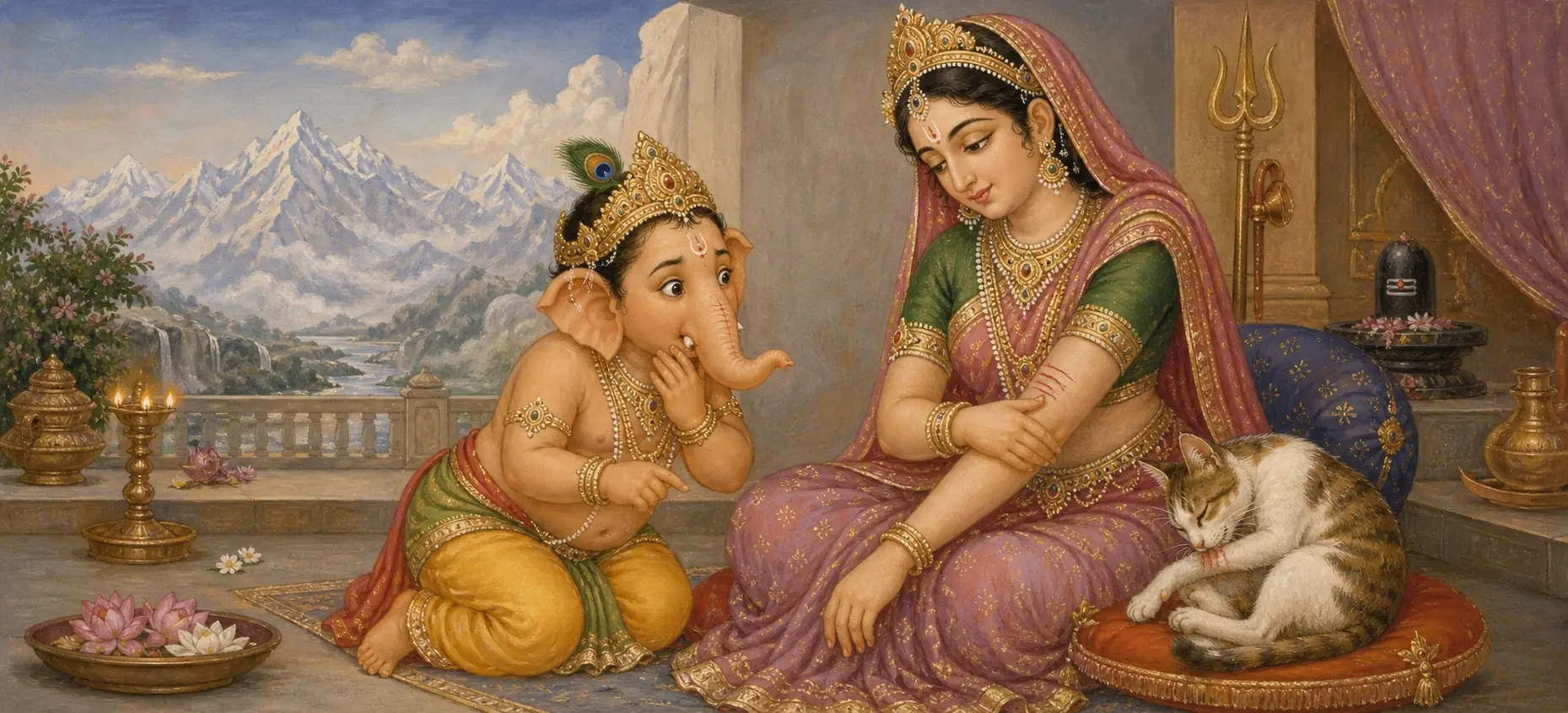 Young Ganesh kneeling before Parvati on a Himalayan palace terrace, pointing in surprise as she examines scratches on her arm, with a cat resting nearby and a Shiva lingam visible behind them.