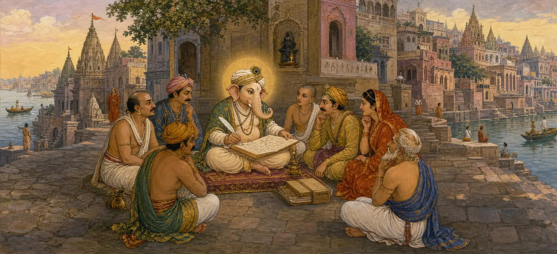 Ganesh disguised as an astrologer, seated riverside at Kashi's ghats writing in an open chart before King Divodasa and his courtiers, with temple spires and boats along the river at sunset.
