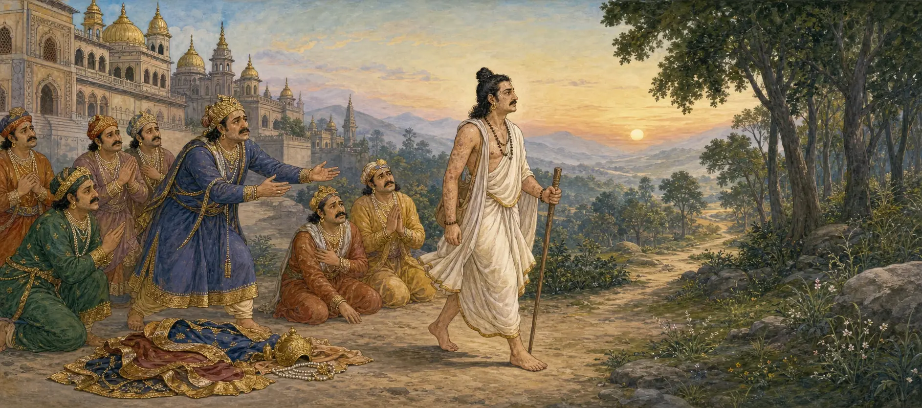 King Somakanta, his skin marked by leprosy, walking away from his kneeling courtiers and golden palace into the forest at sunset, leaning on a wooden staff.