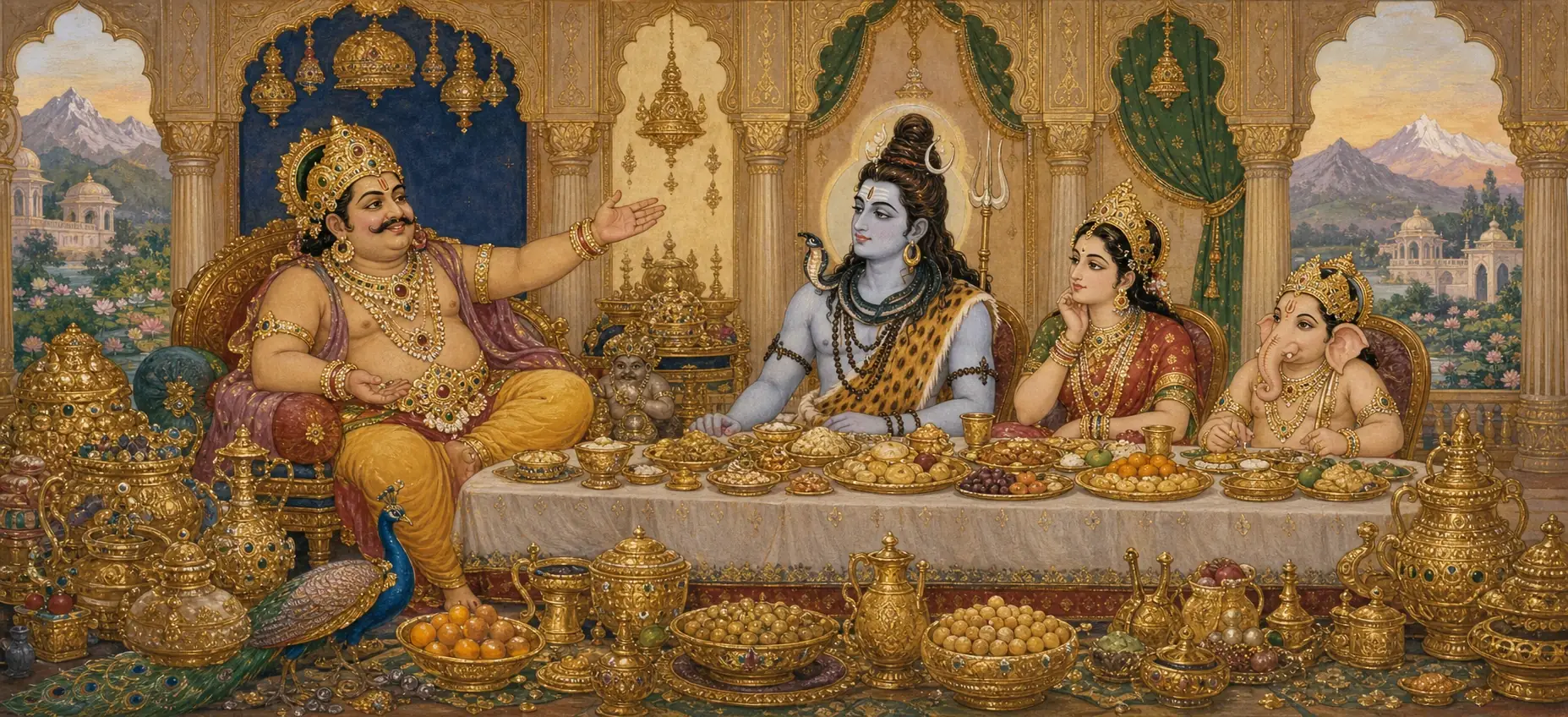 Kubera gesturing proudly toward his lavish banquet table laid with golden vessels of food, seated across from Shiva, Parvati, and young Ganesh in his palace hall.