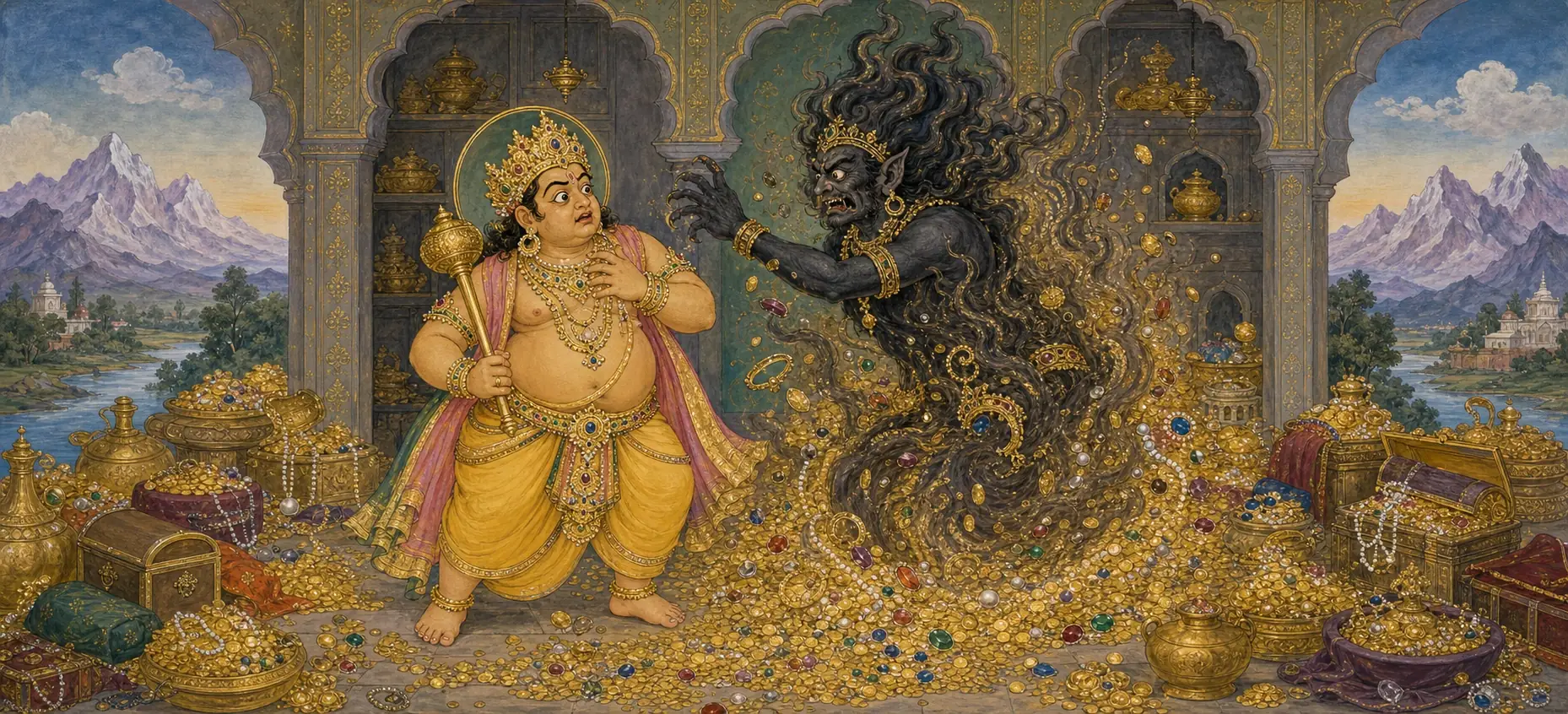 Kubera recoiling in alarm as the dark, smoke-wreathed demon Lobhasura rises from a swirling mass of spilled gold coins and jewels in his treasury.
